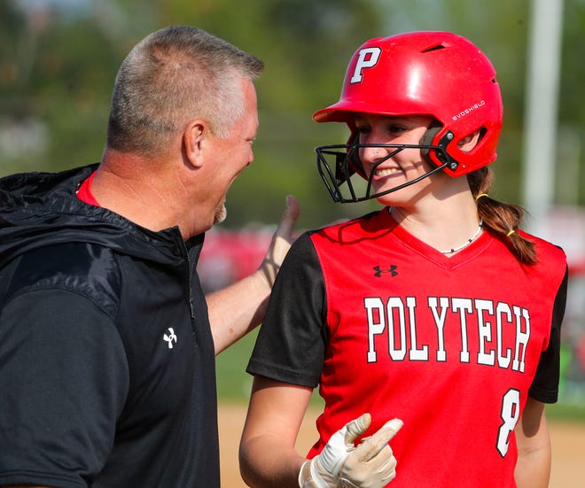 Polytech's Mara Everton is able to laugh off taking a pitch to the shoulder in the fourth inning of Polytech's 8-3 win at Smyrna High School, Thursday, April 18, 2024. Everton remained on the mound and threw a complete game.