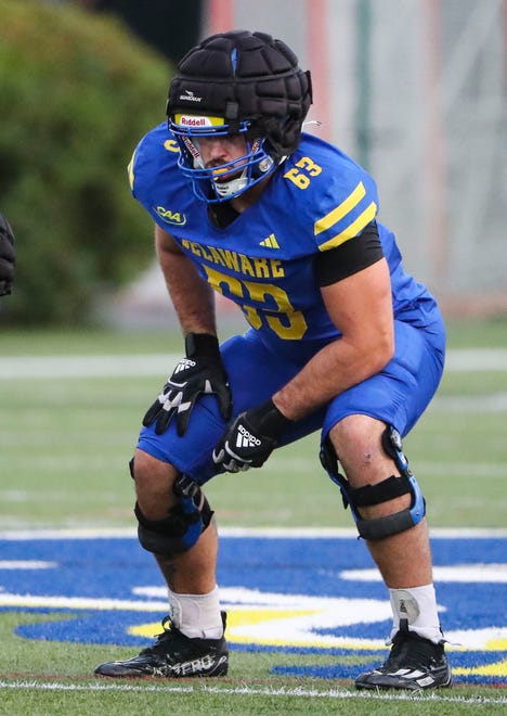 Delaware offensive lineman Thomas Chernasky lines up during the Blue and White Spring Game at Delaware Stadium, Friday, April 19, 2024.