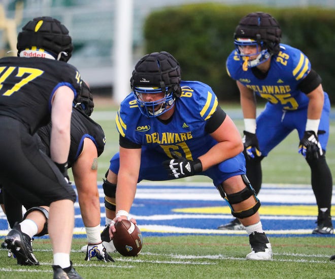 Delaware offensive lineman Steven Demboski waits to snap the ball during the Blue and White Spring Game at Delaware Stadium, Friday, April 19, 2024.