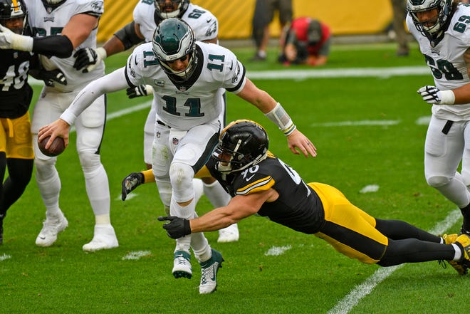 Eagles quarterback Carson Wentz is sacked by Steelers outside linebacker T.J. Watt during the first quarter Sunday at Heinz Field.