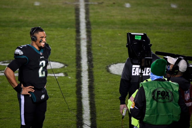 Eagles' Jalen Hurts (2) smiles during a post-game interview after a 24-21 win over the Saints in his first career start Sunday, Dec. 13, 2020 in Philadelphia.